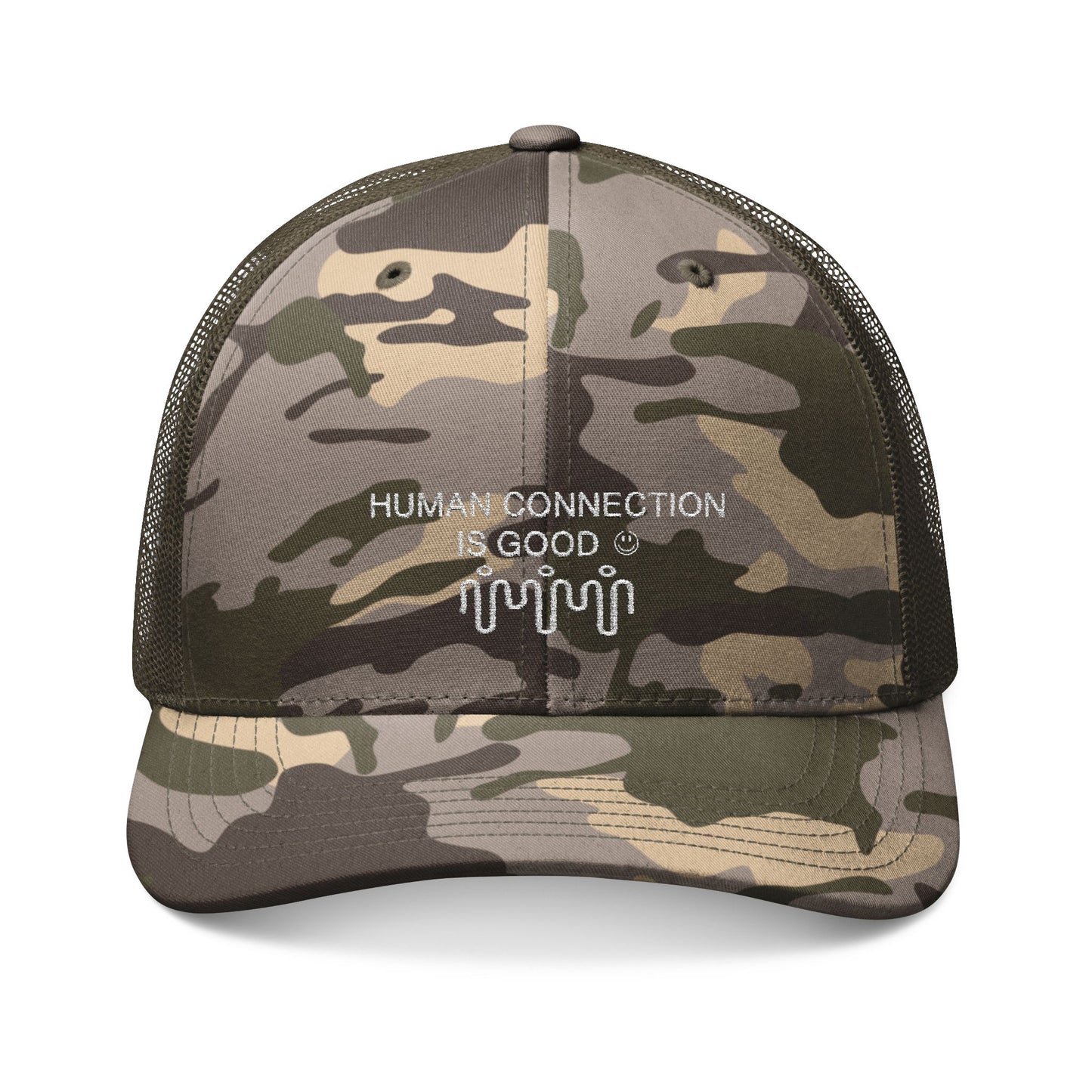 Camouflage Trucker Hat with 'Human Connection is Good' Embroidery | Stylish Outdoor Gear