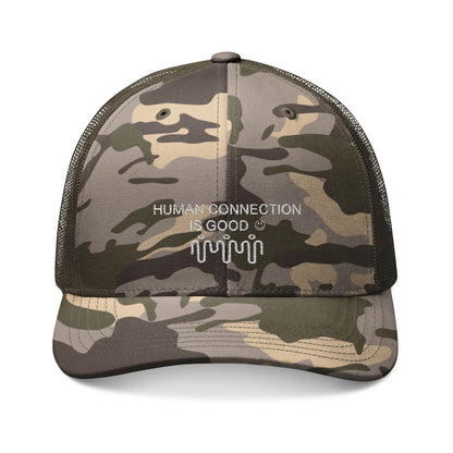 Camouflage Trucker Hat with 'Human Connection is Good' Embroidery | Stylish Outdoor Gear